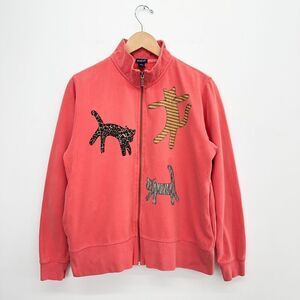 Enza Women’s Pink Full Zip Embroidered Mixed Pattern Cat Sweater Jacket